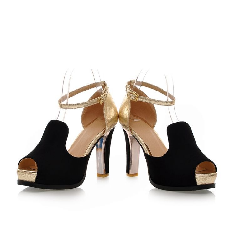 Fashion Chunky High Heel Vintage Ankle Strap Black PU Sandals_Sandals ...