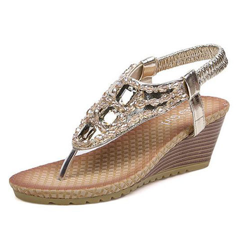 Fashion Wedge Mid Heel Flip Flops Gold PU Sandals_Sandals_Shoes ...