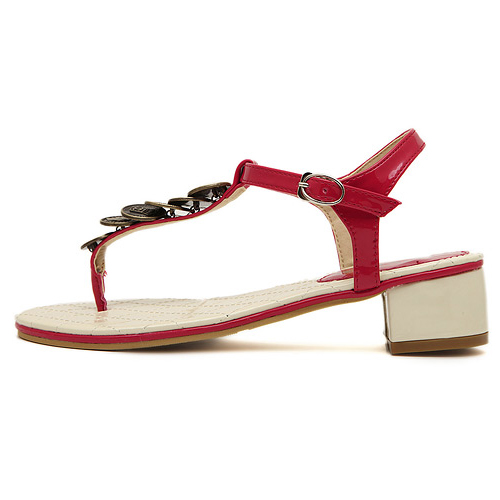 Fashion Chunky Mid Heel T Strap Red PU Sandals_Sandals_Shoes_LovelyWholesale | Wholesale Shoes 