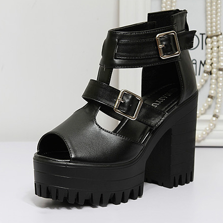 black chunky high heel sandals