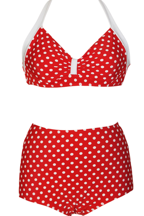 Sexy Woman Split Polka Dot High-Waisted Red Bikinis_Bikinis_Swimwear ...