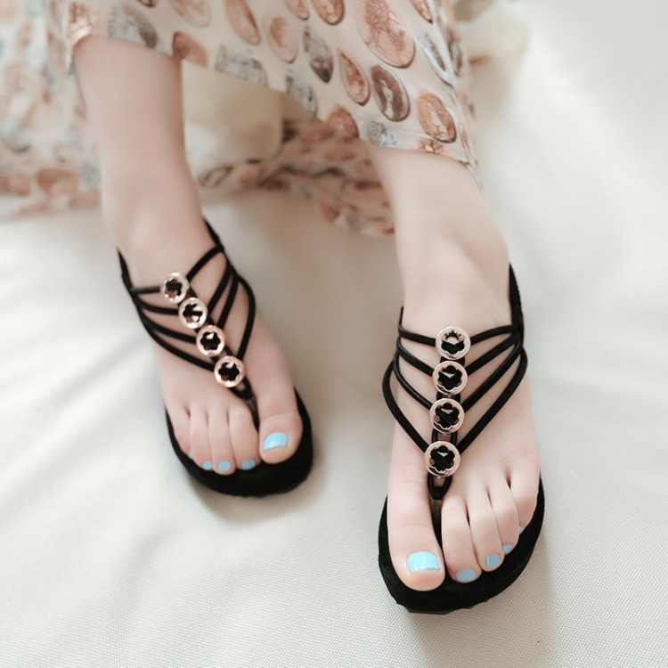 Fashion Flat Mid Heel Black PU Flip Flops_Sandals_Shoes_LovelyWholesale ...
