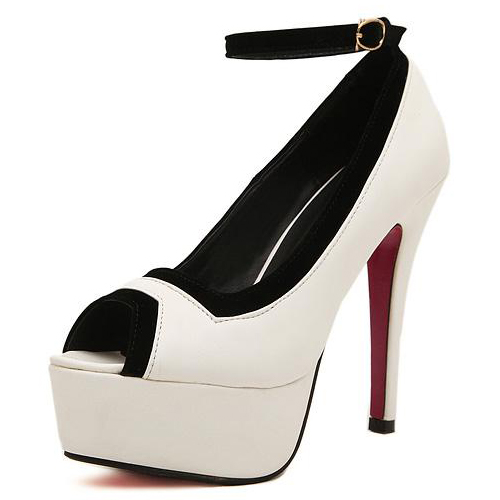 Fashion Round Peep Toe Stiletto High Heel Ankle Strap White PU Pumps ...