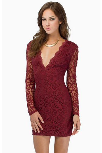 V Neck Long Sleeve Zipper Back Lace Dress