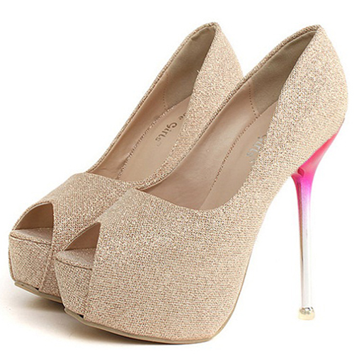 Cheap Fashion Round Peep Toe Platform Stiletto Super High Heel Gold PU Basic Pumps