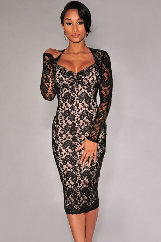 Cheap Sexy V Neck Long Sleeves Padded Black Lace Sheath Knee Length