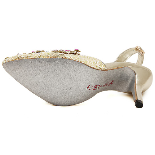 Cheap Fashion Pointed Closed Toe Rhinestones Embellished Stiletto Super High Heel Gold PU