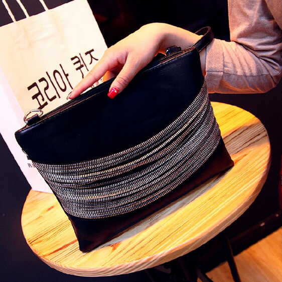 Cheap Fashion Zipper Design Chains Decorated Solid Black PU Clutches
