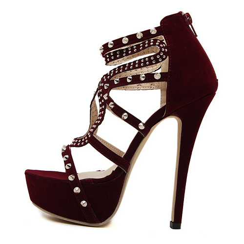 Cheap Fashion Peep Toe Rivets Decorated Stiletto Super High Heel Wine