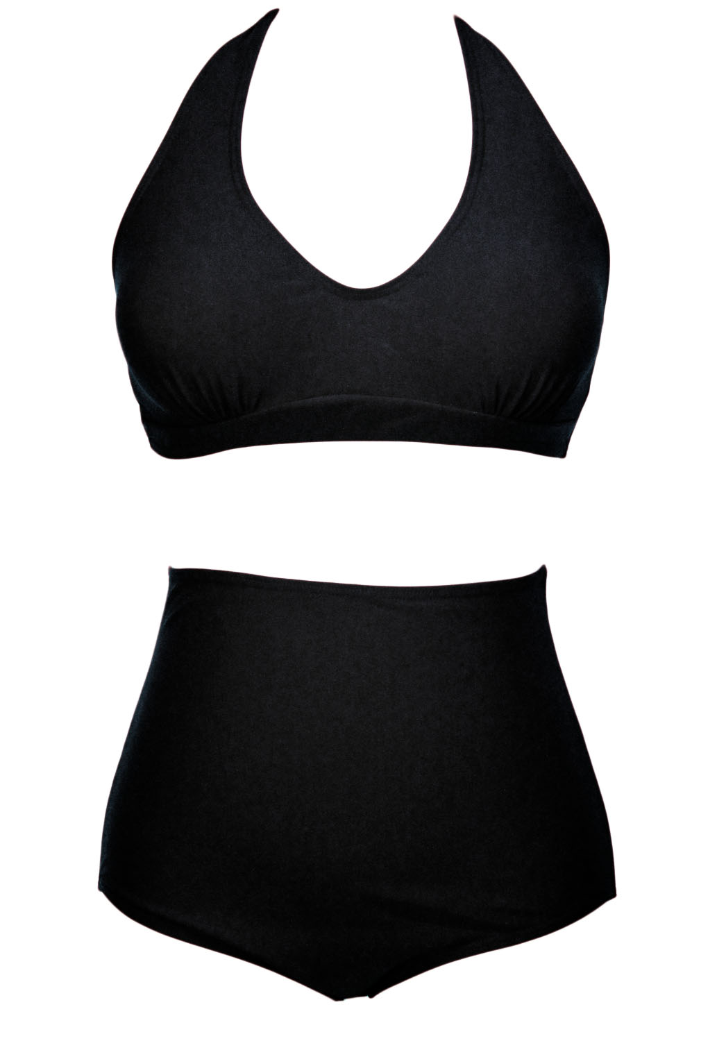 Cheap Sexy Halter V Neck Highwaisted Solid Black Twopiece Bikini