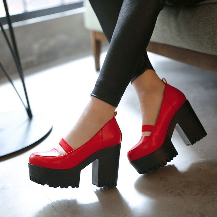 Fashion Round Closed Toe Chunky Super High Heels Red PU Ankle Strap ...