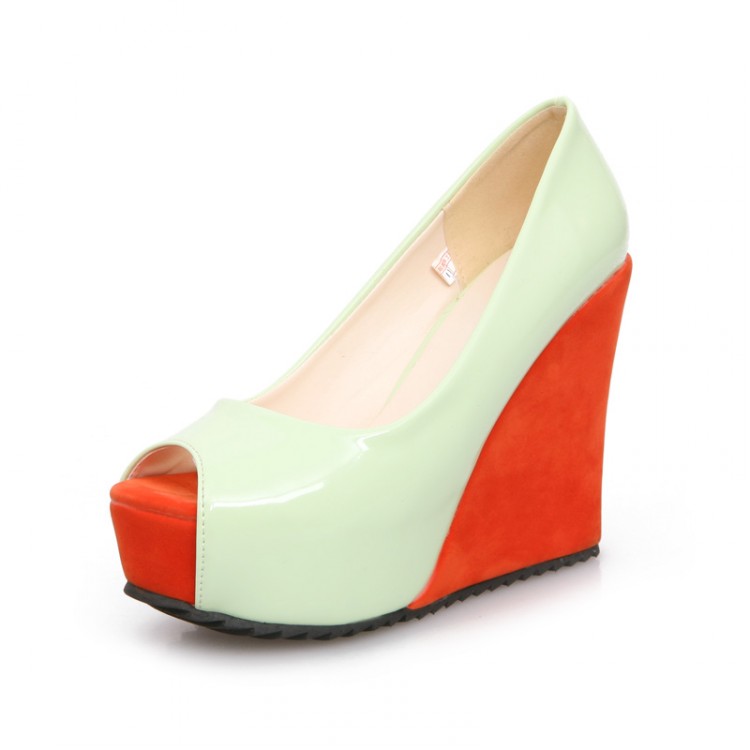 Fashion Round Peep Toe Super High Wedges Green PU Pumps