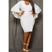 Sexy V Neck Long Bat Sleeves Back Cut-out White Po