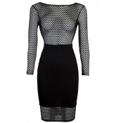 Sexy Long Sleeves Fishnet Hollow-out Patchwork Bla