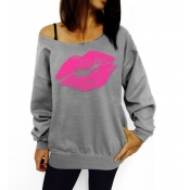 Casual Long Sleeves Lips Print Grey Cotton Blend R