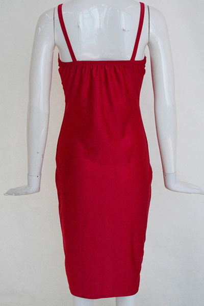 Sexy V Neck Spaghetti Strap Sleeveless Zipper Design Red Polyester Sheath Mini Dressdresses 
