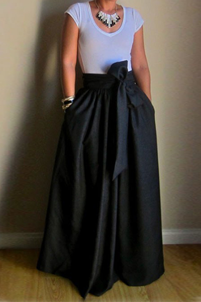 Fashion Bow Embellished Solid Black Polyester Ankle Length Skirt_Skirts ...