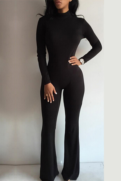Fashion Turtleneck Long Sleeves Black Cotton Blend One-piece Jumpsuit ...