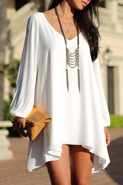 Cheap Fashion Long Sleeve White Mini Dress O Neck Sexy Dress