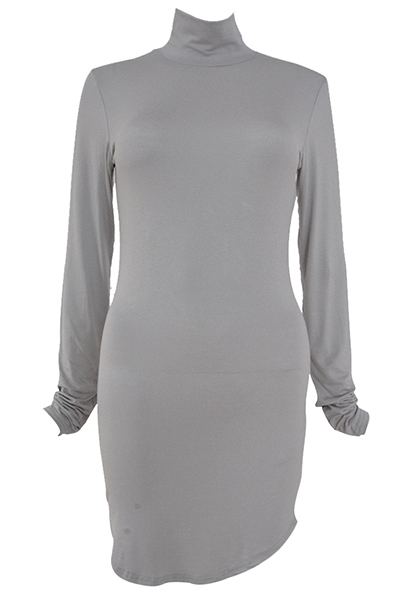 Simple Turtleneck Long Sleeves Grey Polyester Sheath Mini Dress_Dresses ...