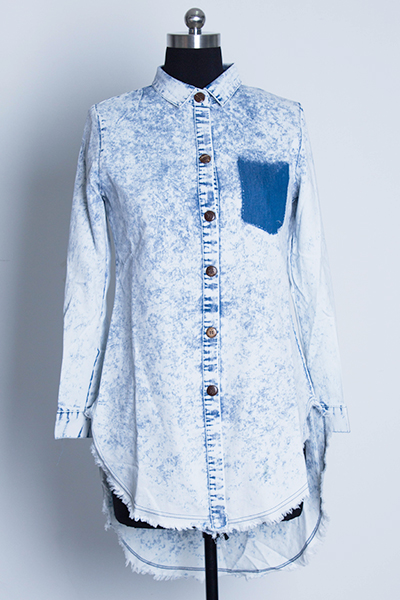 Stylish Turndown Collar Long Sleeves Single-breasted Asymmetrical Blue Denim A Line Mini Shirt Dress от Lovelywholesale WW