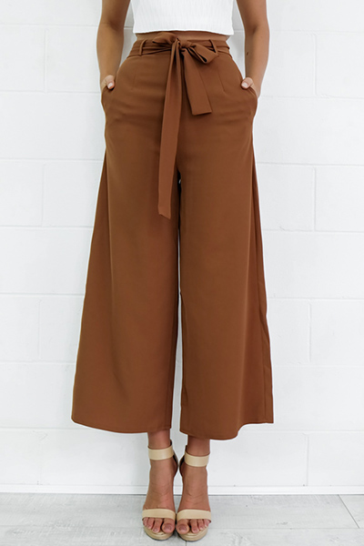 Trendy High Waist Brown Polyester Boot Cut Pants （With Belt）_Pants ...