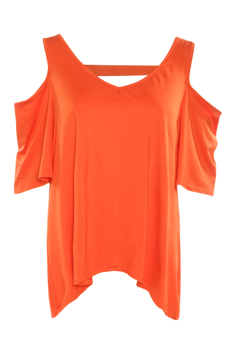 Casual Off The Shoulder Half Sleeves Hollow-out Orange Polyester T ...