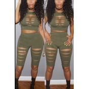 Sexy Round Neck Short Sleeves Hollow-out Army Gree