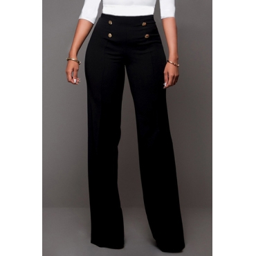 Lovely Trendy High Waist Double-breasted Decorative Black Polyester Pants