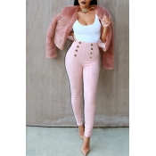 Stylish High Waist Double-breasted Decorative Pink