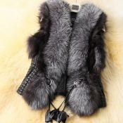 Trendy Sleeveless Faux Fur Decorative Black Vests