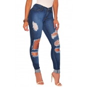 Stylish High Waist Broken Holes Dark Blue Cotton S