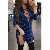Sexy V Neck Long Sleeves Plaids Hollow-out Blue Po