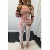 Charming Bateau Neck Long Sleeves Lace-up Pink Vel
