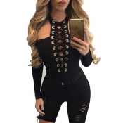 Sexy Round Neck Long Sleeves Hollow-out Black Poly