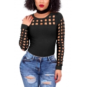 Sexy Round Neck Long Sleeves Hollow-out Black Blen
