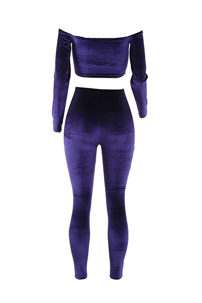 Stylish Bateau Neck Long Sleeves Purple Velvet Two-piece Pants Set_Two ...