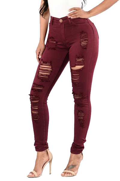 

Euramerican High Waist Holes Design Red Cotton Jeans