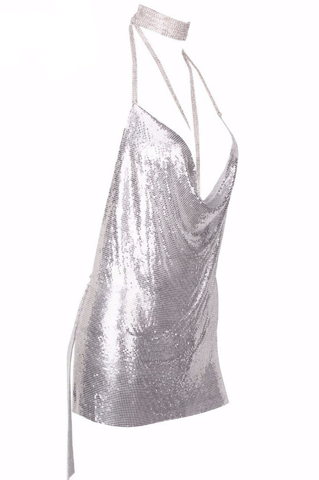 Sexy Halter V Neck Spaghetti Strap Sleeveless Backless Silver Sequined Mini Dress_Dresses ...