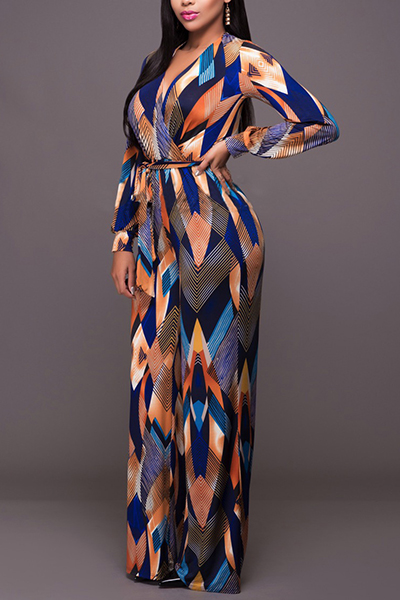 Euramerican V Neck Long Sleeves Color-block Patchwork Healthy Fabric One-piece Skinny Jumpsuits