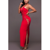 Sexy Spaghetti Straps Sleeveless Backless Red Poly
