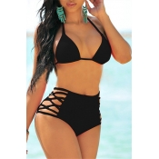 Sexy Halter Neck Hollow-out Black Spandex Two-piec