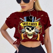 Leisure Round Neck Short Sleeves Printed Broken Ho