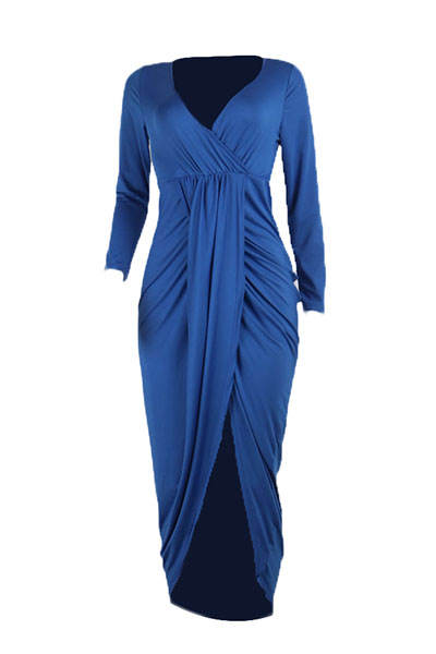 Sexy V Neck Half Sleeves Asymmetrical Blue Polyester Sheath Mid Calf Dressdresses 2698