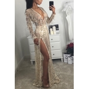 Sexy V Neck Long Sleeves Sequined Decorative Gold 