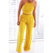 Charming Round Neck Sleeveless Ruched Yellow Twill