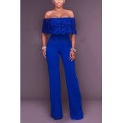 Stylish Dew Shoulder Hollow-out Blue Twilled One-p