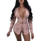 Sexy Deep V Neck Hollow-out Pink Lace Two-piece Sh