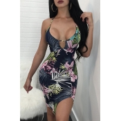 Sexy Printed Backless Cotton Sheath Knee Length Dr