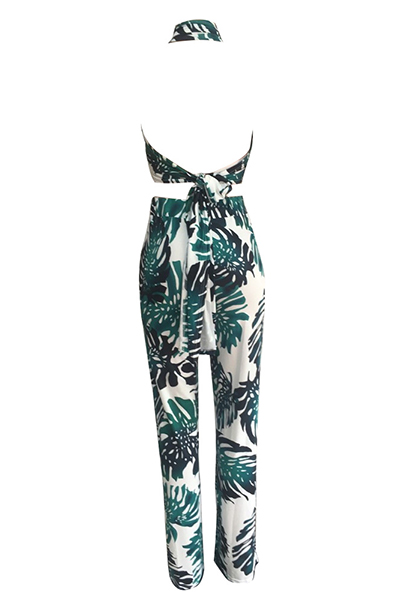 Stylish Dew Shoulder Printed Green Qmilch Two-piece Pants Set от Lovelywholesale WW